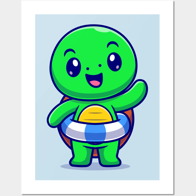Cute Turtle Wearing Swimming Balloon And Waving Hand  Cartoon Wall Art by Catalyst Labs